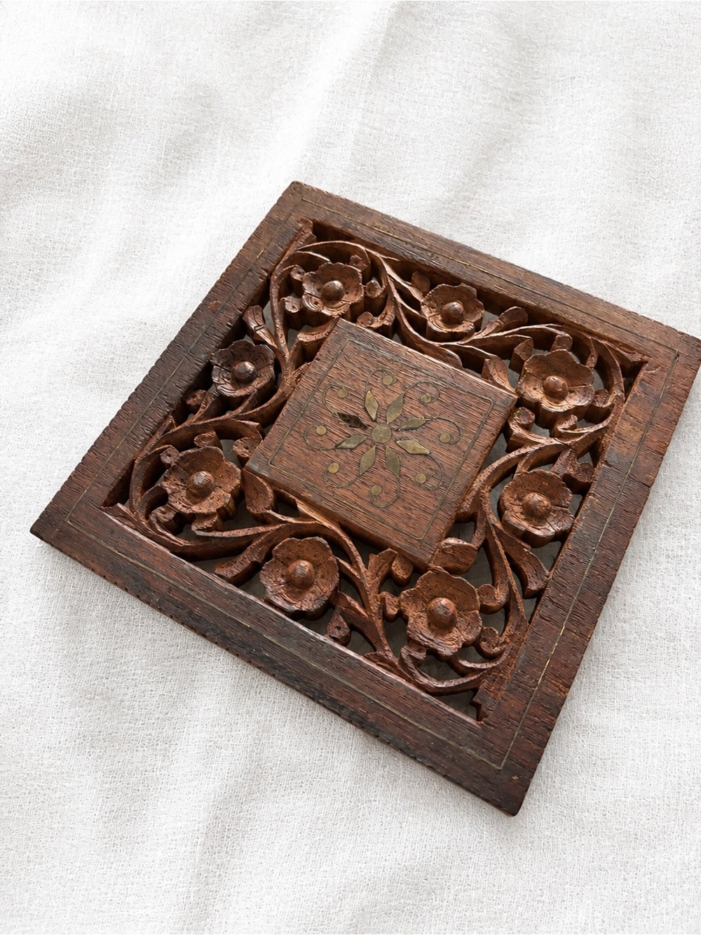 Hand-Carved Wooden Floral Wall Accent - Brown